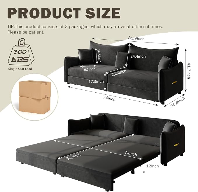 KEIKI 81.9" Sleeper Sofa, 3-in-1 Pull Out Couch Bed - Image 2