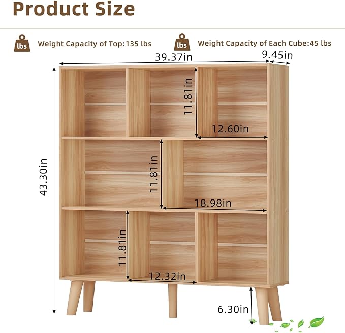 LEYAOYAO Wooden 8 Cube Book Shelf, Natural 3 Tier Bookshelf - Image 2