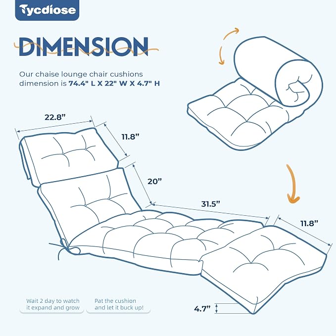 Outdoor Chaise Lounge Chair Cushion Waterproof 74.4 x 22 x 4.7 Inches Lounge - Image 3