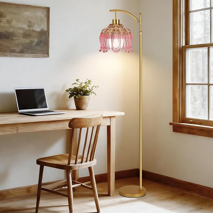 QIYIZM Pink Floor Lamp for Living Room, Glass Gold Dimmable Standing Lamp - Image 6