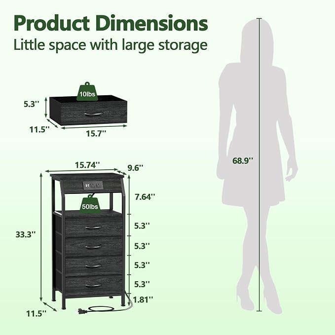 Furnulem Night Stand with Charging Station, 4 Drawer Dresser with Storage Shelf - Image 3