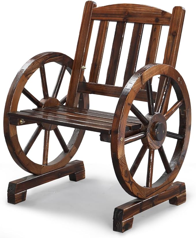 VINGLI Rustic Wooden Wheel Bench Outdoor Bench, Patio Bench Wagon Slatted Seat by VINGLI