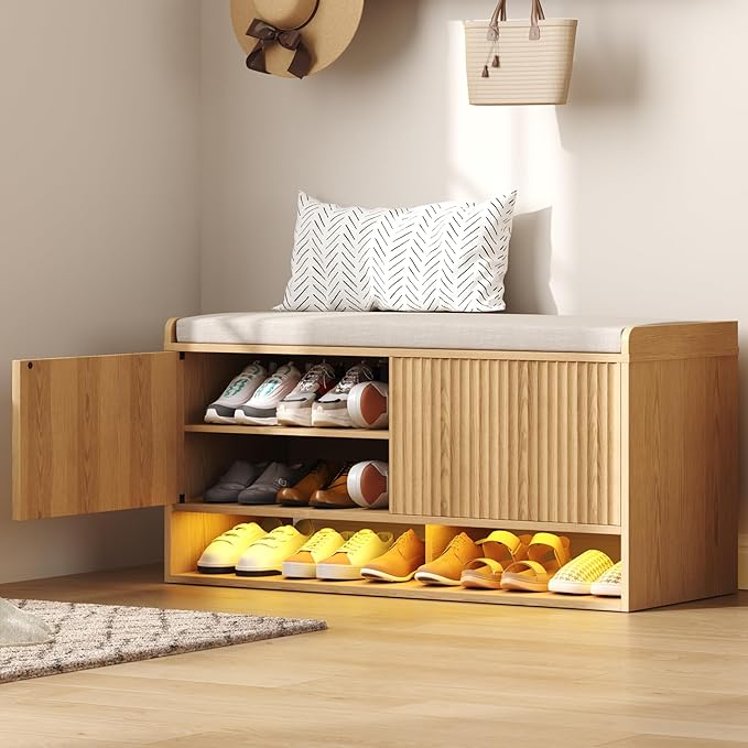 HOMEFORT 39.4" Fluted Shoe Storage Bench, Entryway Bench by HOMEFORT