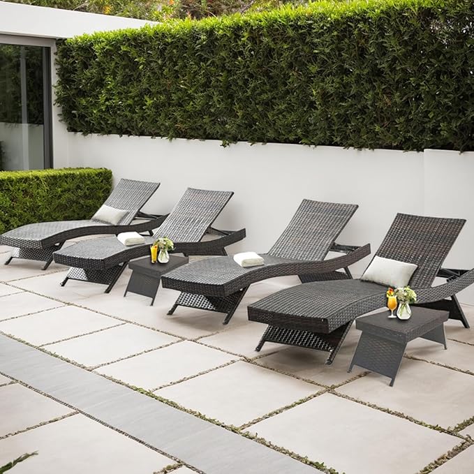 Outdoor Patio 4 Adjustable Backrest Chaise Lounger and 2 Side End Tables by Asifom
