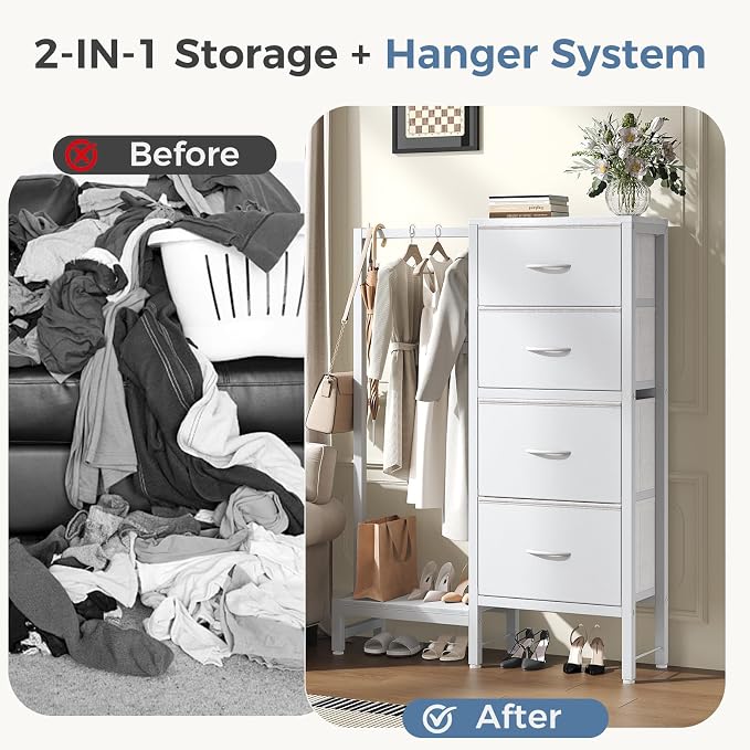 DUMOS Dresser with Hanging Rack, 4-in-1 White Fabric Dresser - Image 8