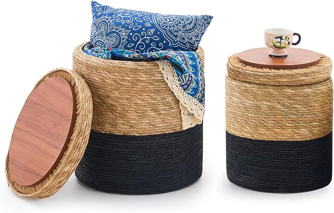 Wimarsbon Round Pouf Ottomans, Handwoven Natural Water Hyacinth Seagrass Pouffe by Wimarsbon