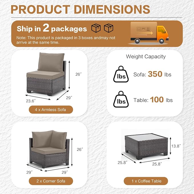 MOCHITO 5 Pieces Outdoor Patio Furniture Sets, All-Weather Sectional Sofa Dark - Image 5