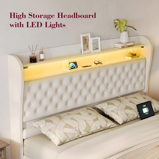 ROCHECASA Bed Frame with Storage and Charging Station, 50.6" Tall Velvet - Image 5