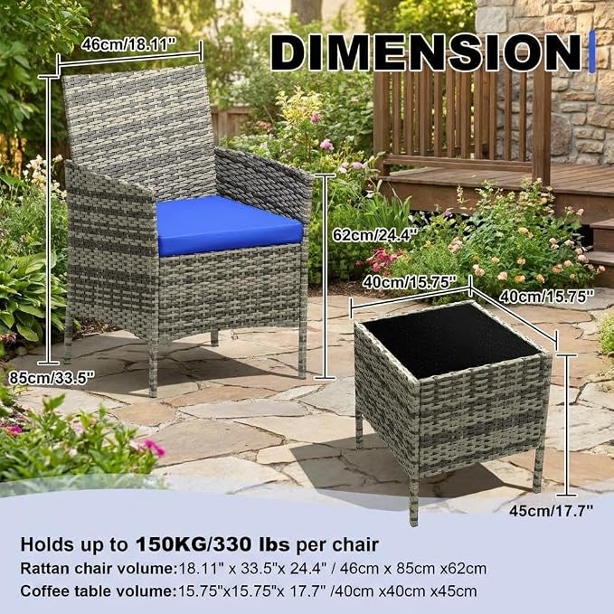 3 Piece Outdoor Patio Furniture Set, All-Weather PE Rattan Wicker Chairs - Image 7