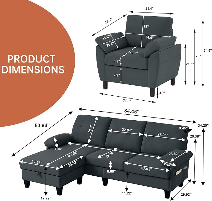 2 Piece Sectional Sofa Set, 3 Seat L Shaped Couches - Image 2