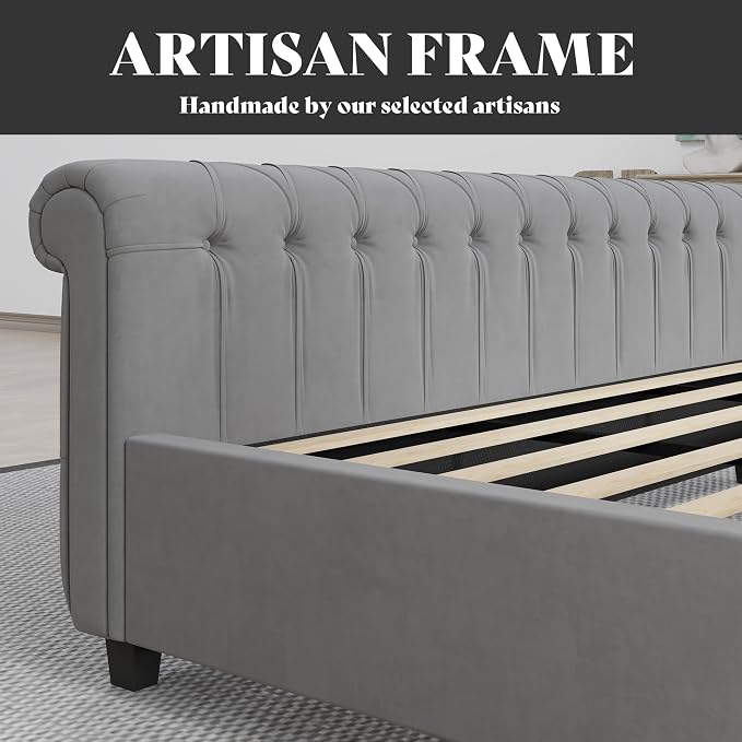 AMERLIFE California King Size Platform Bed Frame, Velvet Upholstered Sleigh Bed - Image 7