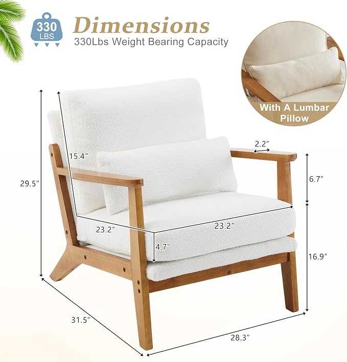 VINGLI Solid Wood Wide Armrests Accent Chair, Upholstered Mid Century Modern - Image 2