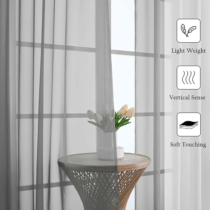 Lecloud Charcoal Grey Sheer Curtains 90 Inches Long 2 Panels Set, Dual Rod - Image 2