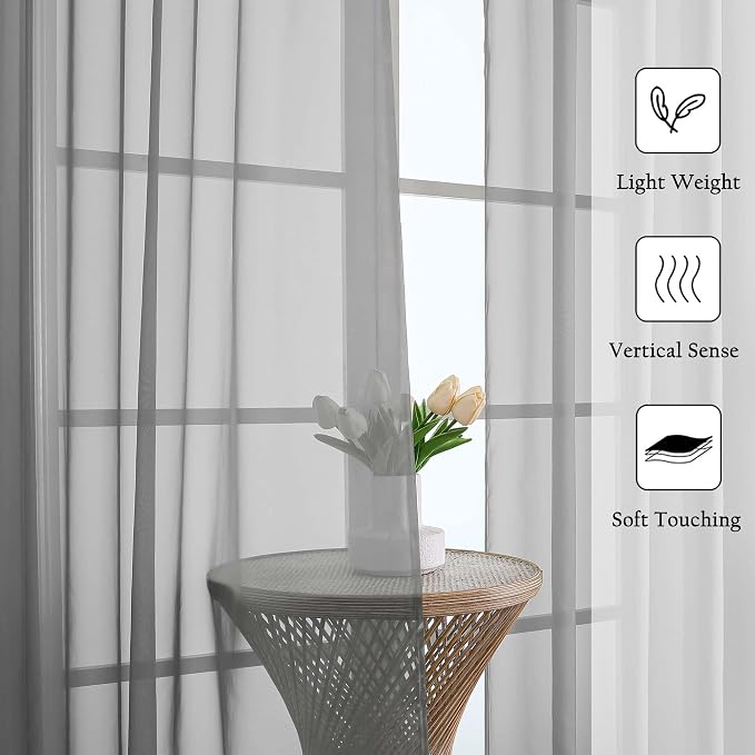 Lecloud Charcoal Grey Sheer Curtains 108 Inches Long 2 Pcs, Airy Light - Image 2