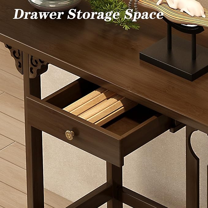 Bamboo Console Table with Drawer, Small Sofa Tables with Open Shelf, Chinese - Image 6