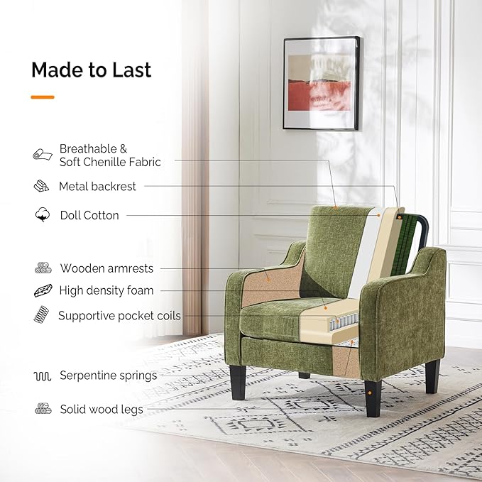 VINGLI Accent Chairs Set of 2 Living Room Chairs Olive Green Reading Chair - Image 5
