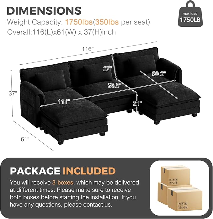 ELUCHANG Oversized 116" Modular Sectional Sofa, Comfy Cloud Couch, U Shaped - Image 2