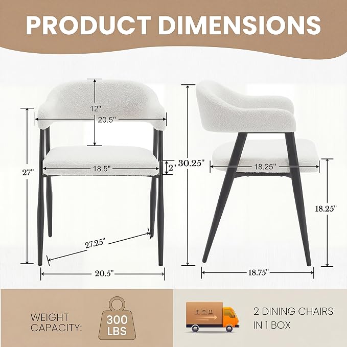 HNY Modern Dining Room Arm Chairs Set of 2, Mid-Century White Faux Sherpa - Image 2