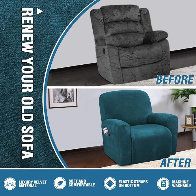 H.VERSAILTEX Velvet Stretch Recliner Couch Covers 4-Pieces Style Recliner Chair - Image 5
