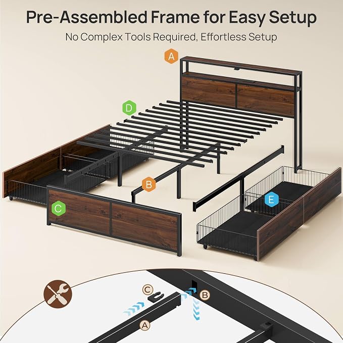 Rolanstar Twin Bed Frame with 4 Storage Drawers, Charging Station and LED Lights - Image 3