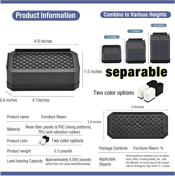 EclatBain Rectangle Bed Risers Furniture Risers Heavy-Duty Rectangular - Image 2
