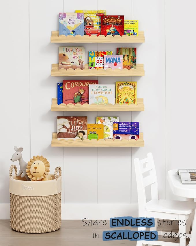 Harwaya Scalloped Nursery Bookshelf Wall Mounted 4-Pack, Natural Wood Floating - Image 3