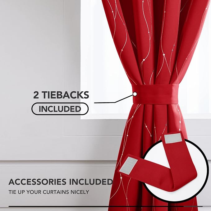 Deconovo Red Curtains, Christmas Drapes, Wave Line Dot Foil Print, 52 x 63 Inch - Image 4