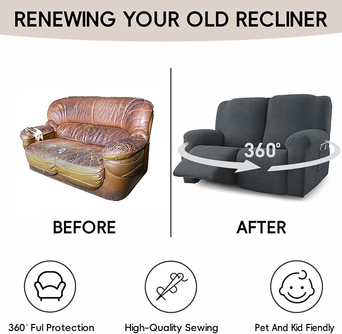 Recliner Loveseat Covers, 4-Piece Stretch Geometric Strokes Jacquard Reclining - Image 6
