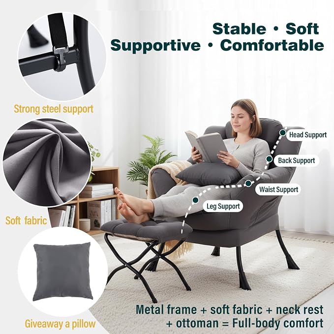 Lazy Chair with Ottoman, Large Accent Chair with Ottoman and a Throw Pillow - Image 5