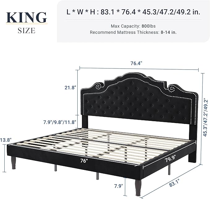 Allewie King Bed Frame with Adjustable Velvet Tiara Headboard, Upholstered - Image 2