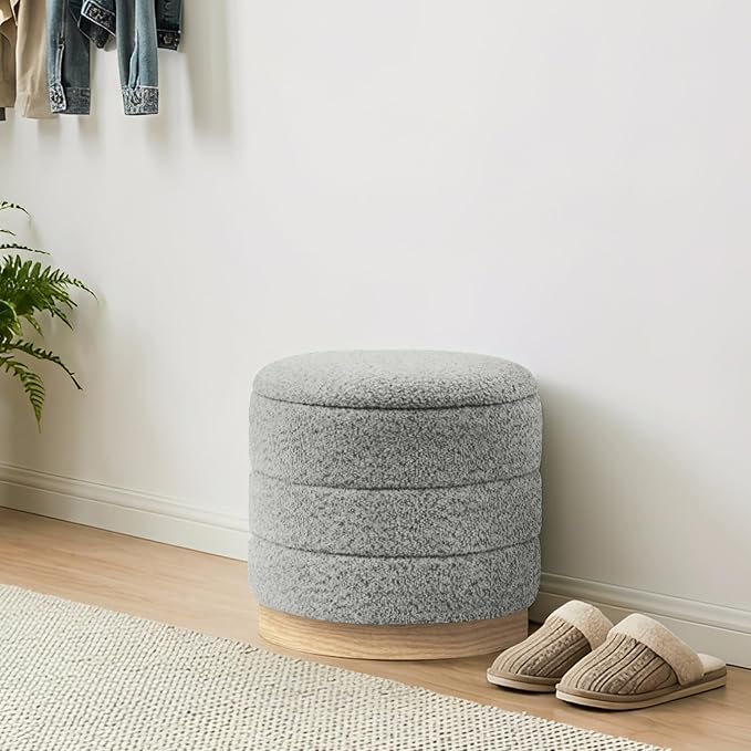 Round Storage Ottoman with Reversible Tray Lid, Folding Chenille Fabric - Image 8