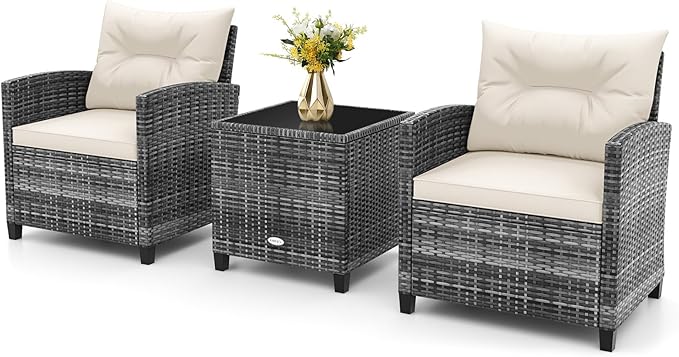 HAPPYGRILL 3 Pieces Patio Conversation Set PE Rattan Outdoor Furniture Sofa Set by HAPPYGRILL