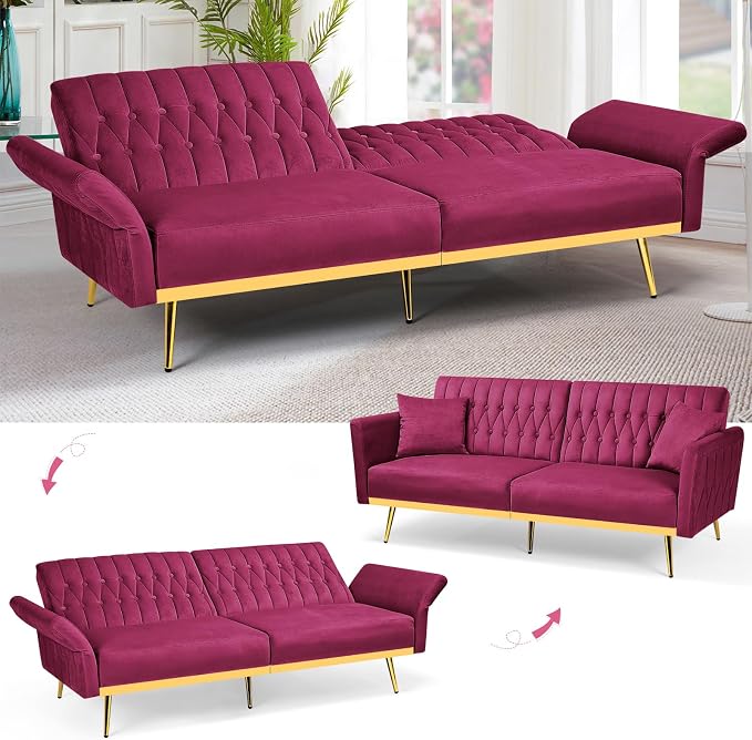 70” Velvet Futon Sofa Bed with 2 Pillows and Adjustable Armrests, Convertible - Image 6