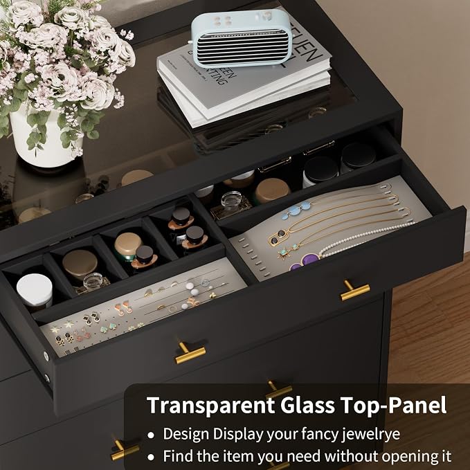 Drawer Dresser with LED Lights, 30.7" W x 39" H Tall Tempered Glass Top Dresser - Image 5
