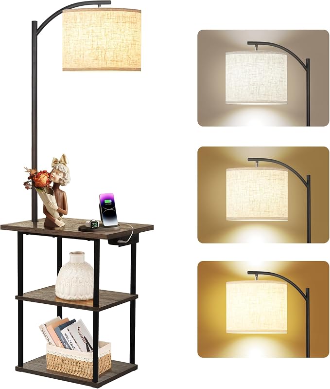 PESRAE Floor Lamp with Tables, End Table with Charging Station, 3 Color by PESRAE