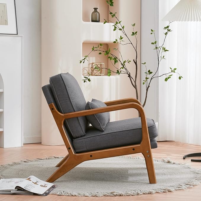 VINGLI Linen Dark Grey Comfy Accent Chair, Mid Century Modern Lounge Armchair - Image 9