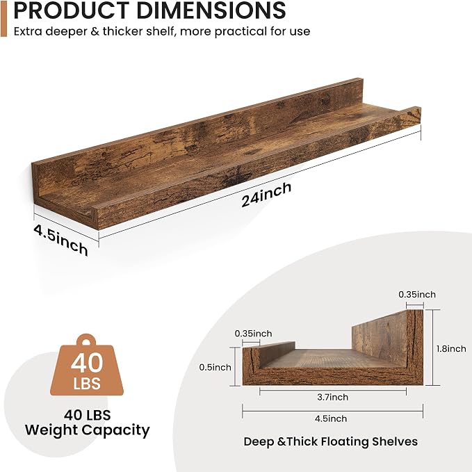 Fun Memories Picture Ledge Shelves Set of 2, 24 Inch Rustic Wall Mounted - Image 2
