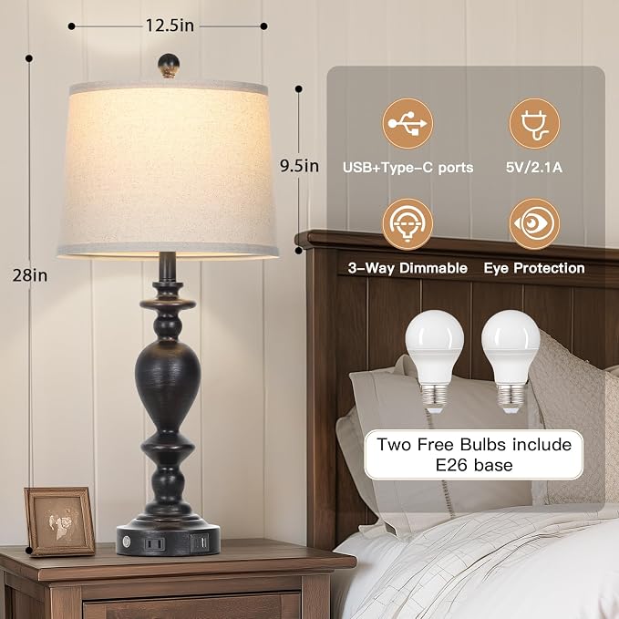 Cinkeda 28" Black Farmhouse Table Lamps Set of 2 - Image 3