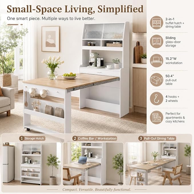 Kitchen Storage Cabinet with Hutch and Extendable Dining Table, 33.5" - Image 5