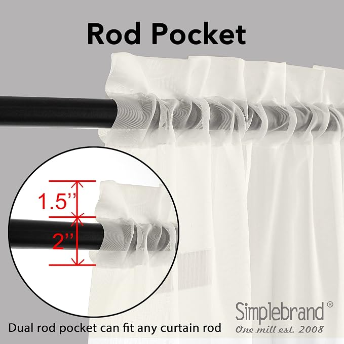 Simplebrand Ivory Sheer Curtains 63 Inch Length 2 Panels, Rod Pocket Solid - Image 2