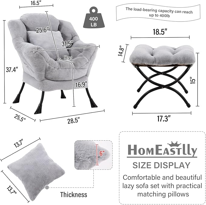 Lazy Chair with Ottoman, Large White Gray Lounge Accent Chair with Ottoman and - Image 3