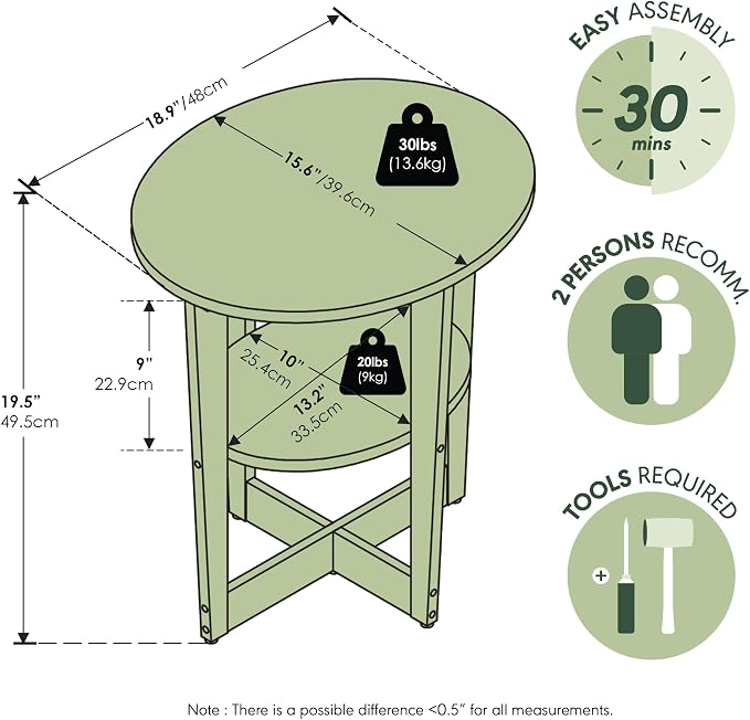 Furinno JAYA Side Table, 2-Tier Round Modern End Table - Image 3