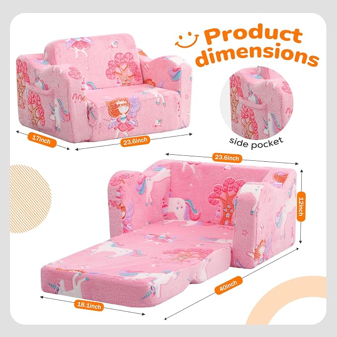 MeMoreCool Glowing Pink Fairy Kids Chair, 2-in-1 Fold-Out Kids Couch and Sofa - Image 2