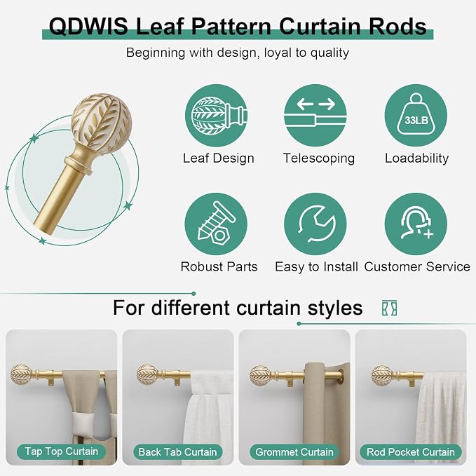 QDWIS Gold Curtain Rods for Windows 48 to 84 inch, Rustic Decorative Drapery - Image 6