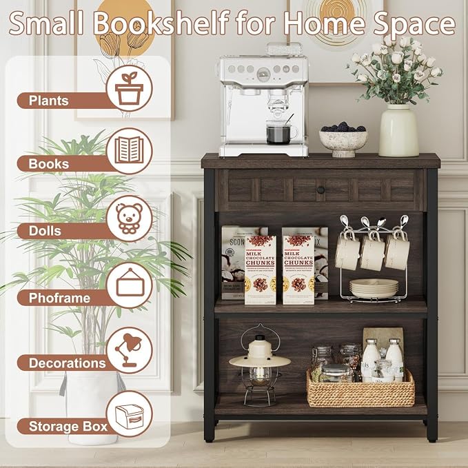 FATORRI Small Bookcase with Drawer, Industrial 3 Shelf Bookshelf, Wood and - Image 4