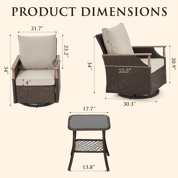 HOMREST 3 Piece Outdoor Swivel Chair Set, Wicker Patio Bistro Set - Image 2