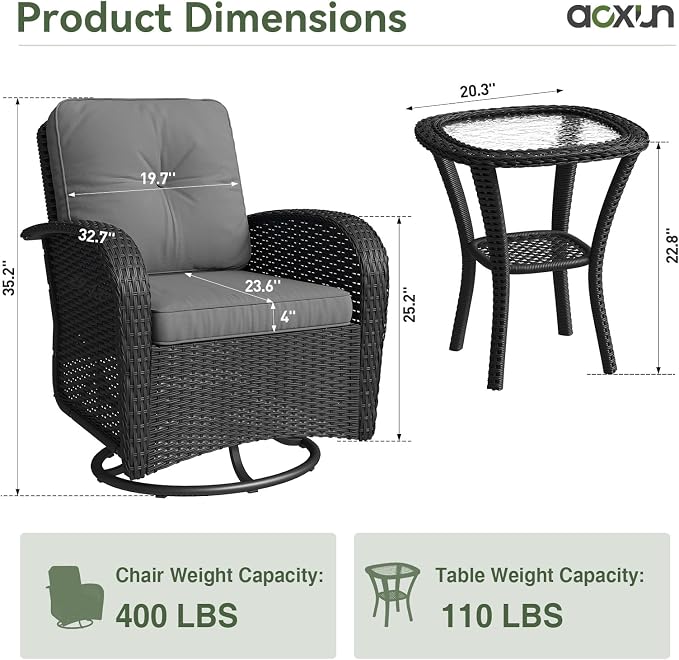 Aoxun 3 Pieces Patio Furniture Set, Patio Swivel Rocker Chairs Set of 2 - Image 8