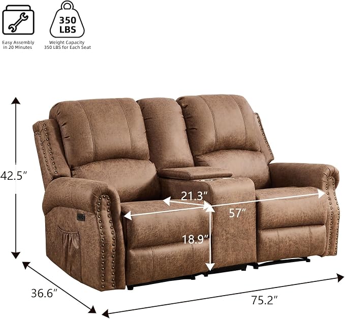 EBELLO Power Reclining Loveseat, Faux Leather Double Recliner Sofa - Image 2