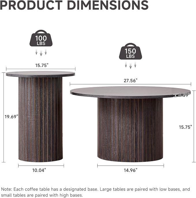 Round Nesting Coffee Table Set of 2 Mid Century Modern Wood Round Coffee Tables - Image 2