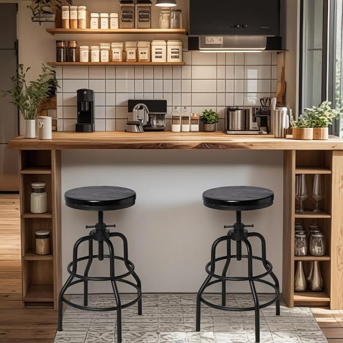 LOKKHAN Vintage Industrial Bar Stool-Rustic Swivel Bar Stool-Round Walnut Wood - Image 8